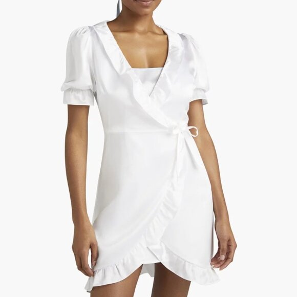 Hill House Other - Hill House Nima Wrap Dress White Silk Mini V-Neck Robe Ruffle Trim Small S NEW